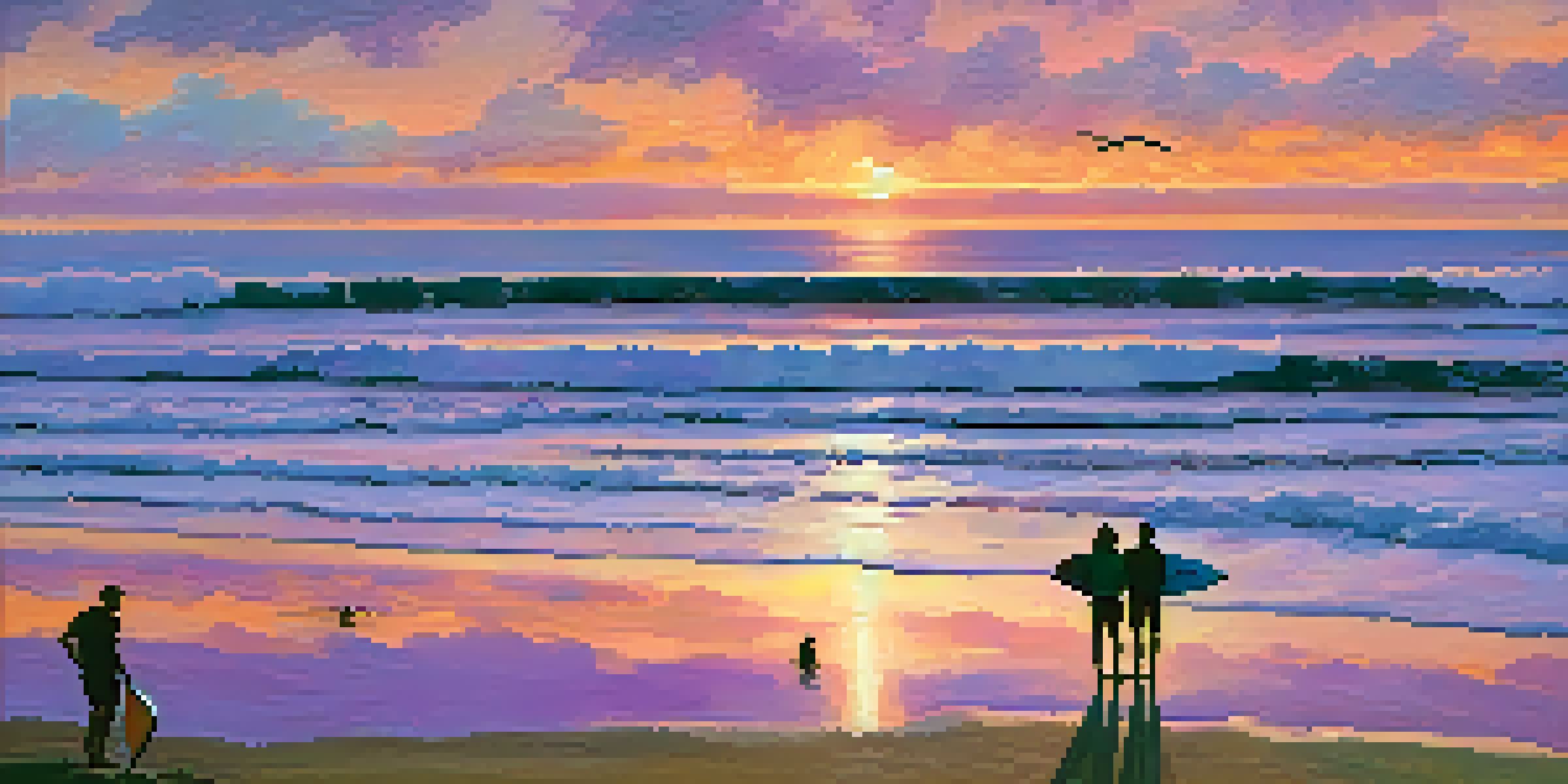 A colorful sunset over Carlsbad State Beach with surfers on the waves, framed by palm trees and coastal cliffs in the background.