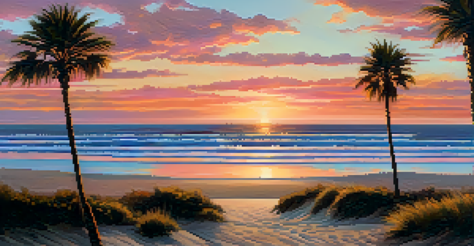 A beautiful sunset over Carlsbad's coastline, with colorful sky reflections on the ocean and sandy beaches framed by palm trees.