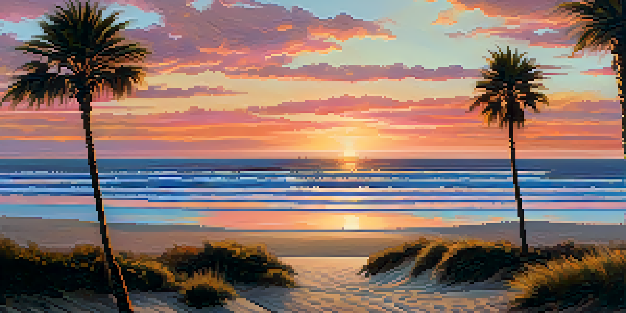 A beautiful sunset over Carlsbad's coastline, with colorful sky reflections on the ocean and sandy beaches framed by palm trees.