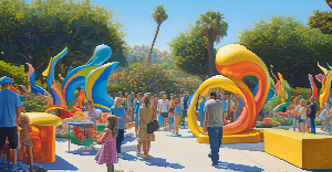 A colorful outdoor art installation with sculptures and people engaging with the artwork in a sunny setting.