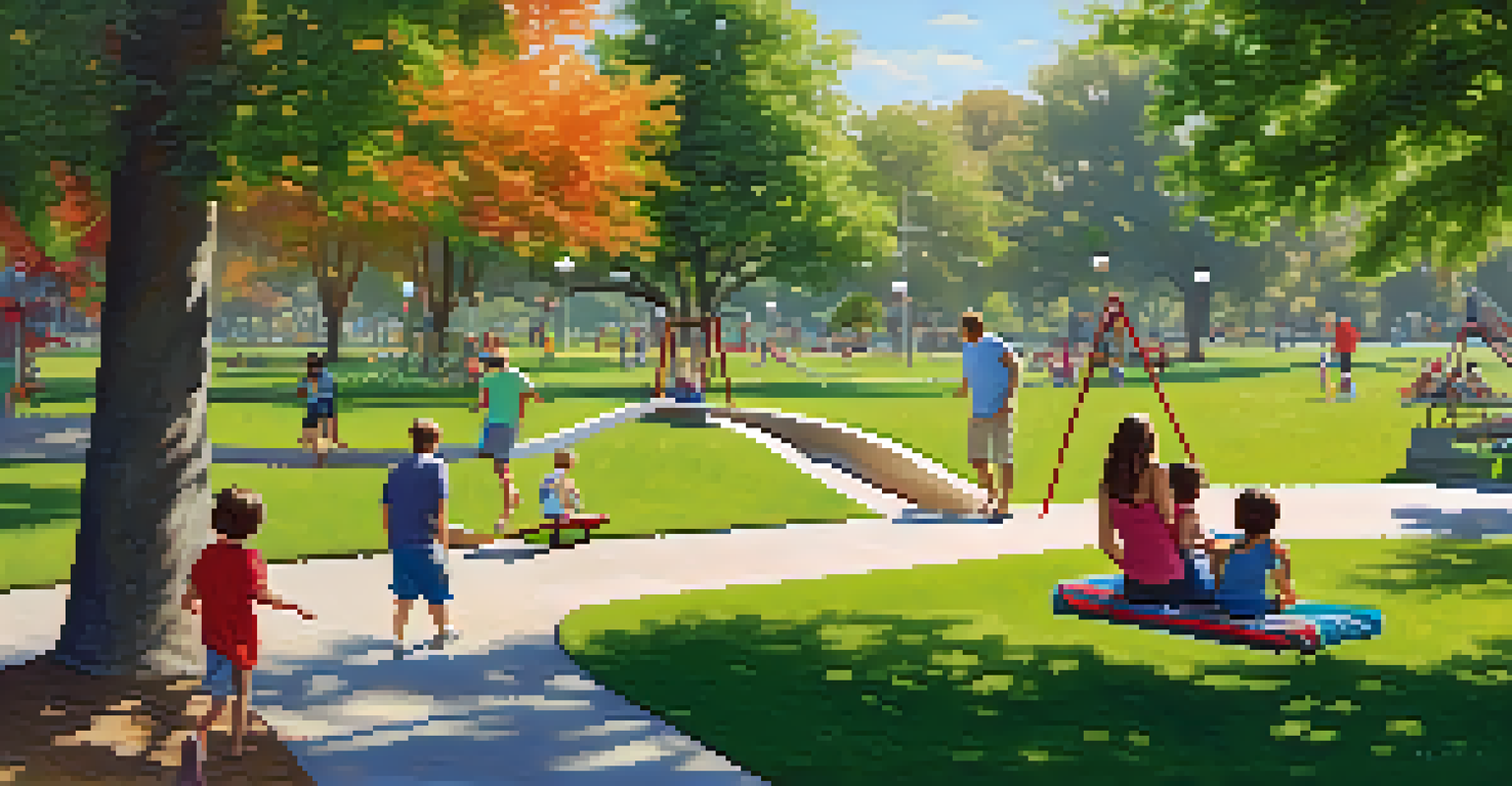 Families enjoying a sunny day at Poinsettia Park with children playing on playground equipment.