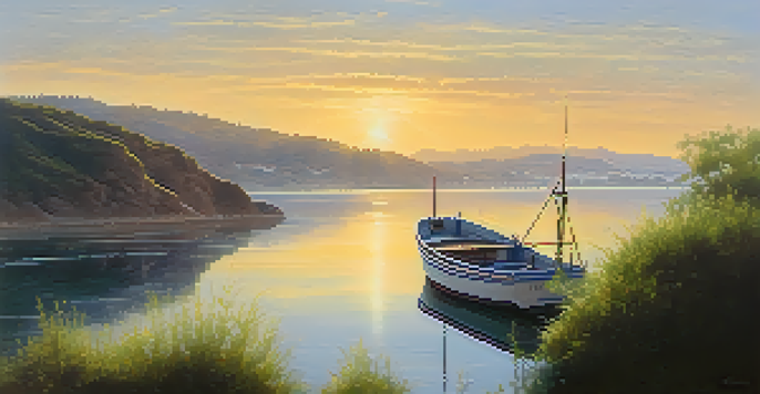 A peaceful fishing boat on calm waters during sunrise, with mist and warm sunlight illuminating the surrounding landscape.