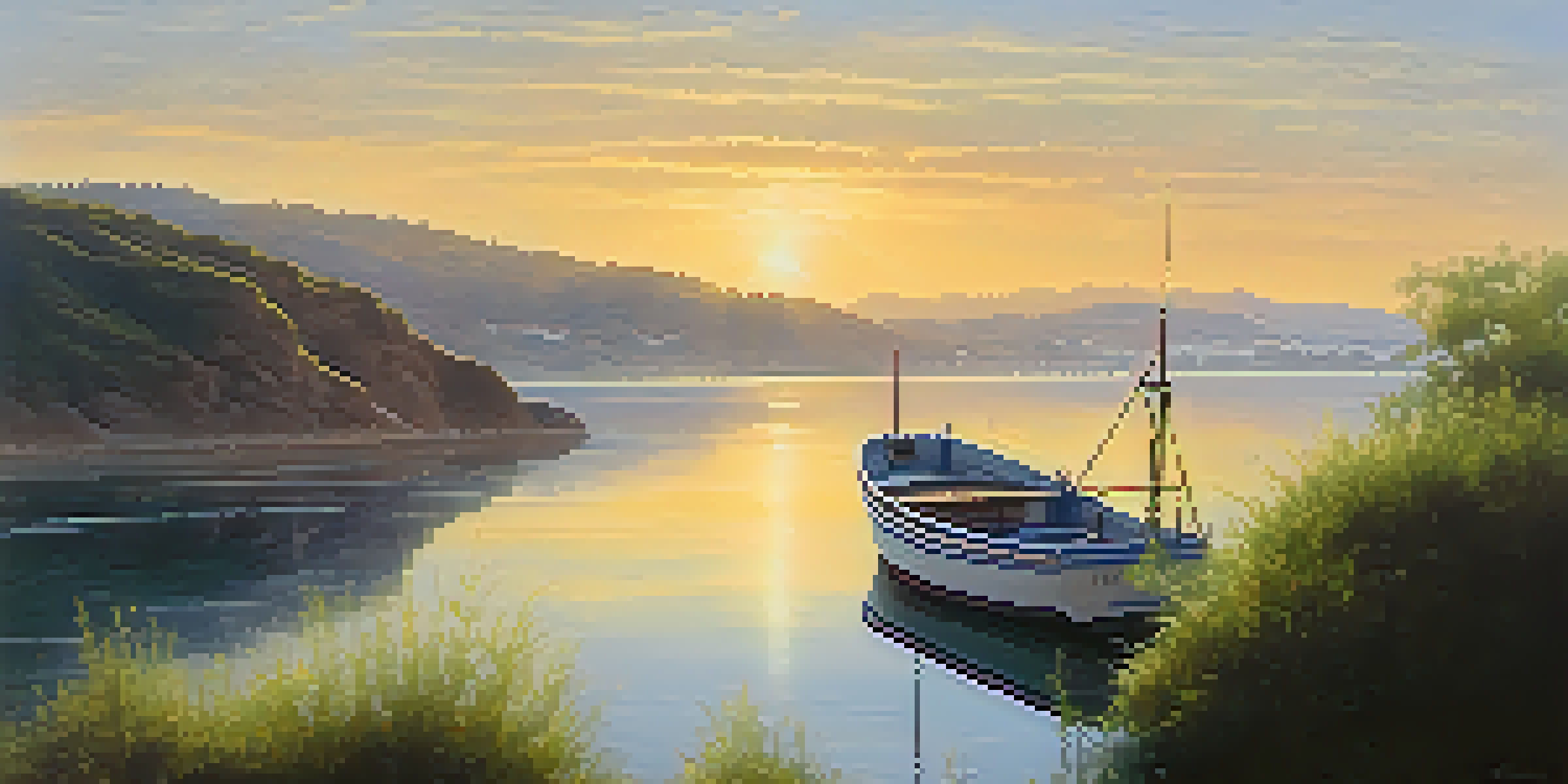 A peaceful fishing boat on calm waters during sunrise, with mist and warm sunlight illuminating the surrounding landscape.