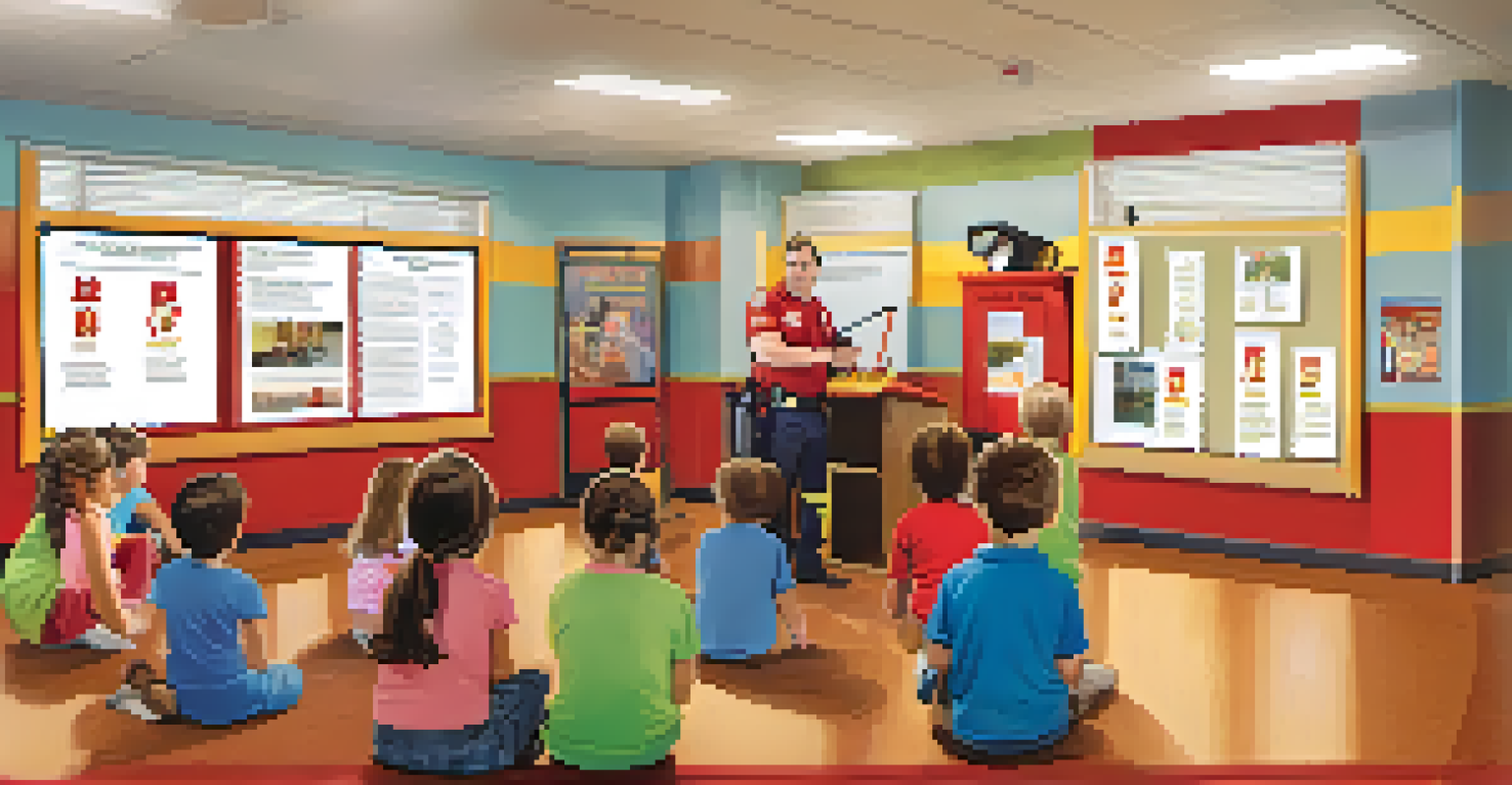 A volunteer firefighter demonstrating fire safety techniques to families in a community center.