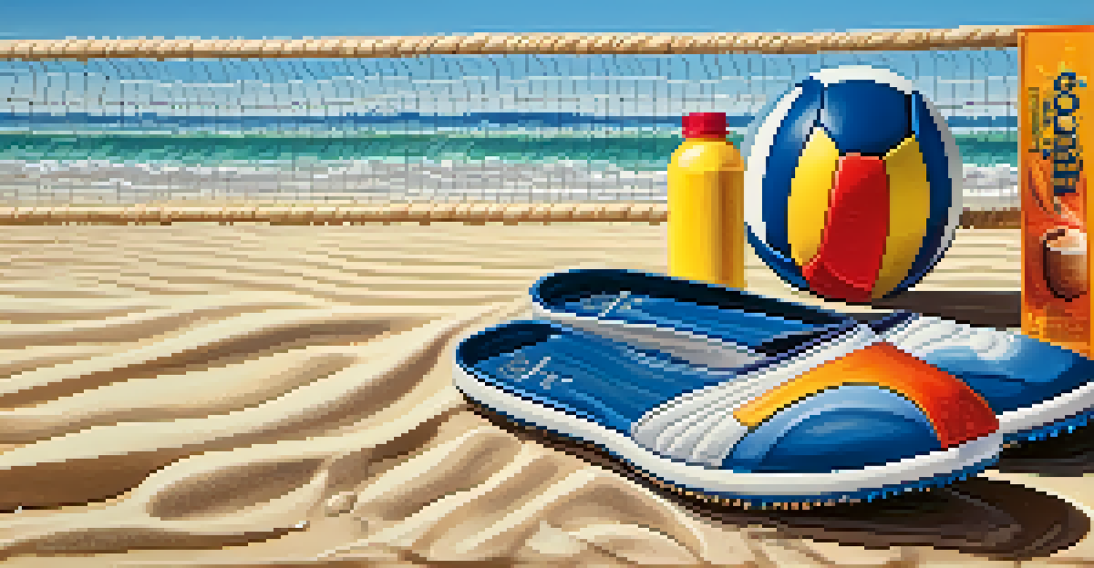Beach volleyball gear including a volleyball, shoes, sunscreen, and water bottle on the sandy beach.