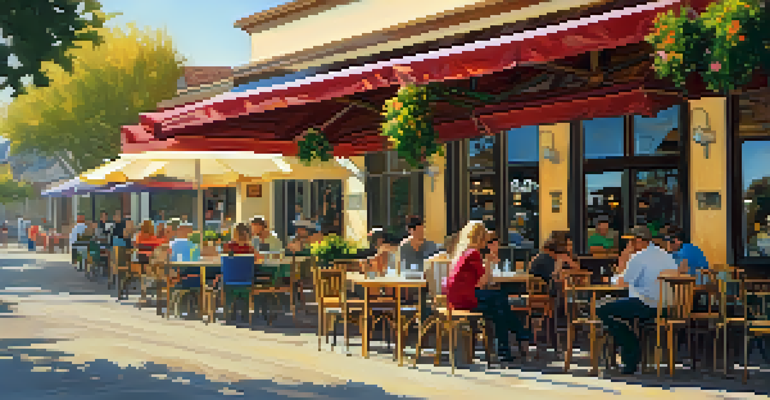 A charming outdoor cafe in Carlsbad Village with patrons enjoying food and drinks under colorful umbrellas in warm sunlight.