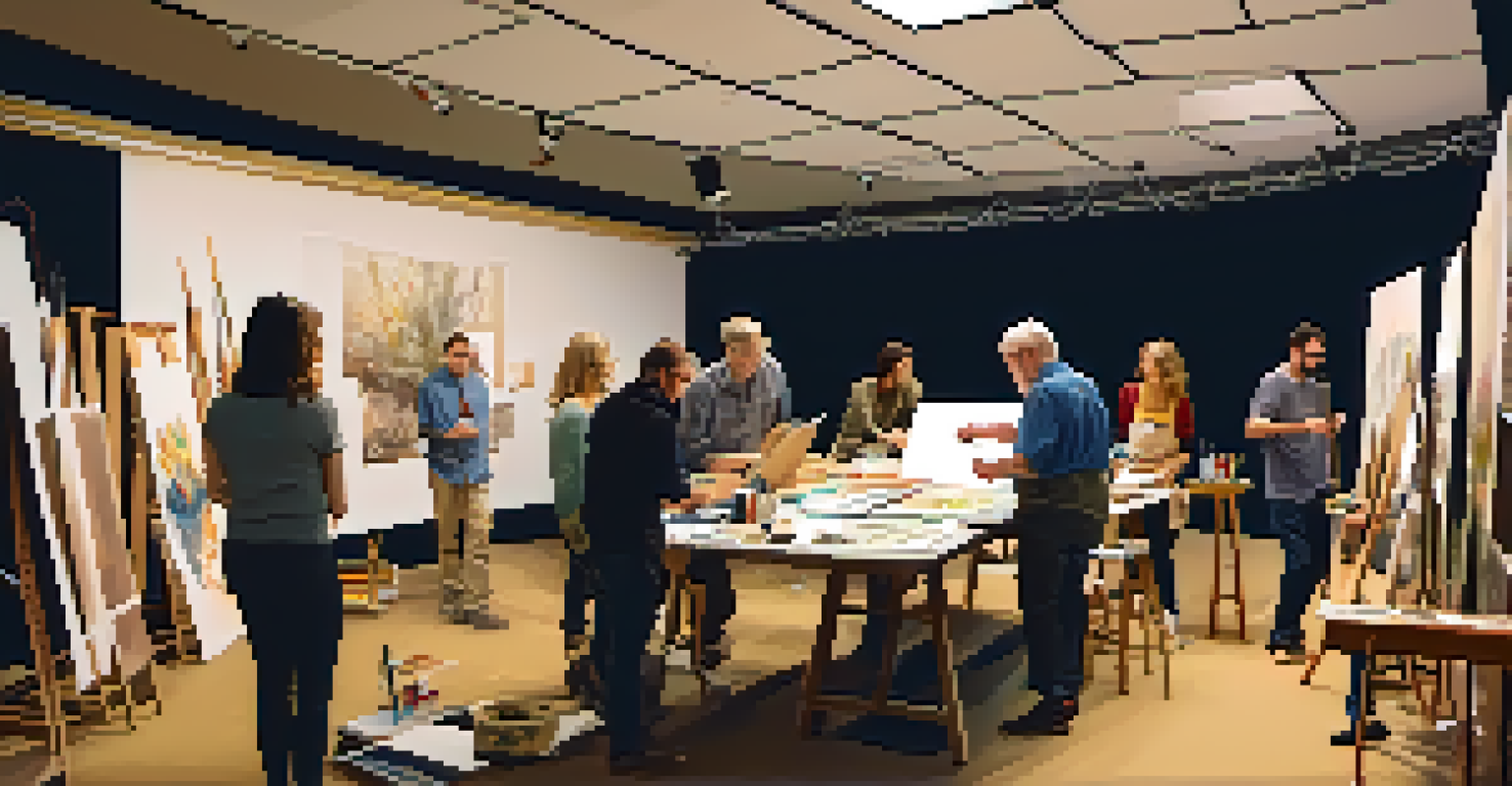 Local artists working together on set design, surrounded by art supplies and sketches in a vibrant creative workspace.