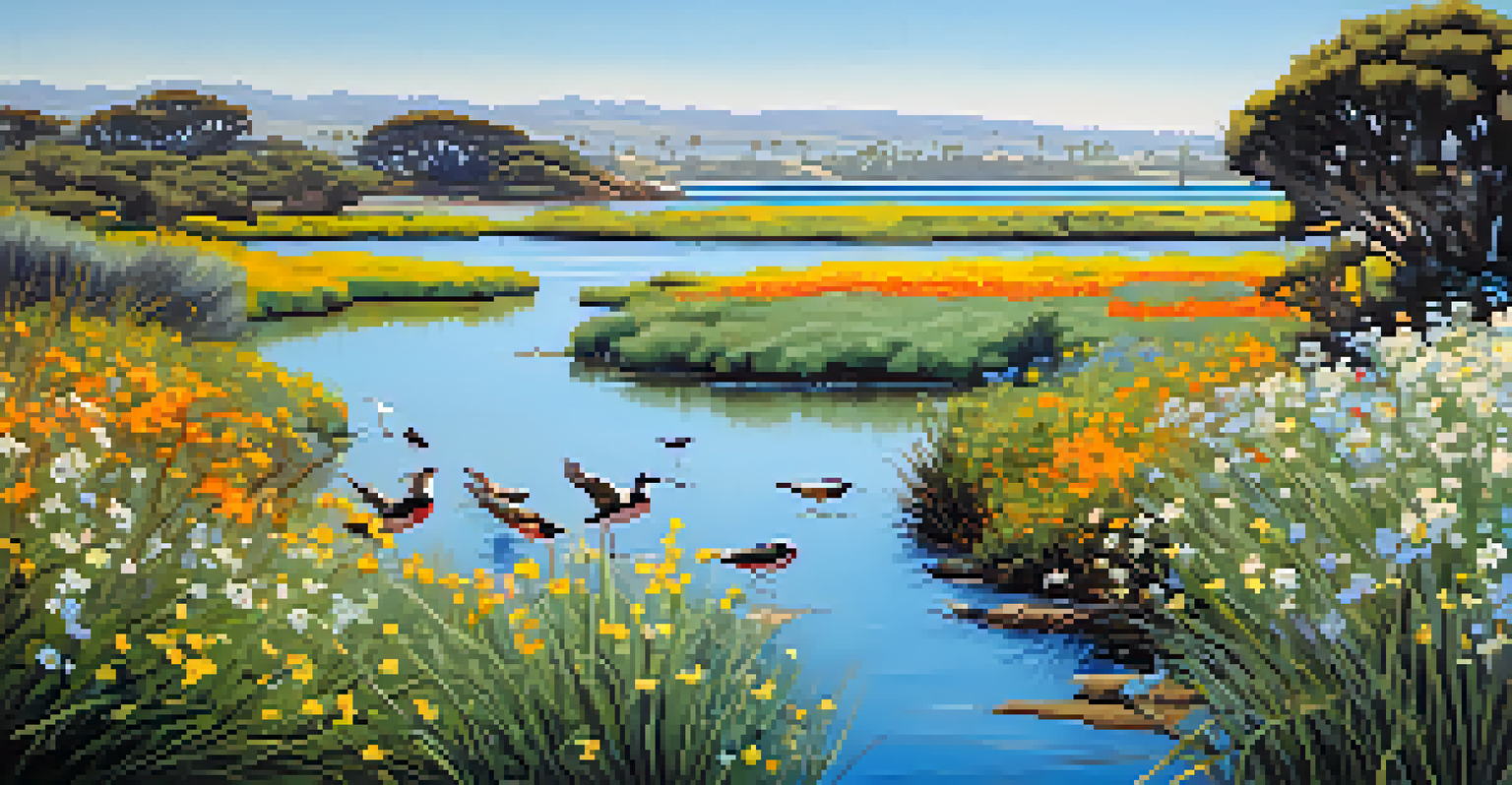 San Elijo Lagoon on a bright spring day, featuring colorful wildflowers and various birds along the trail.