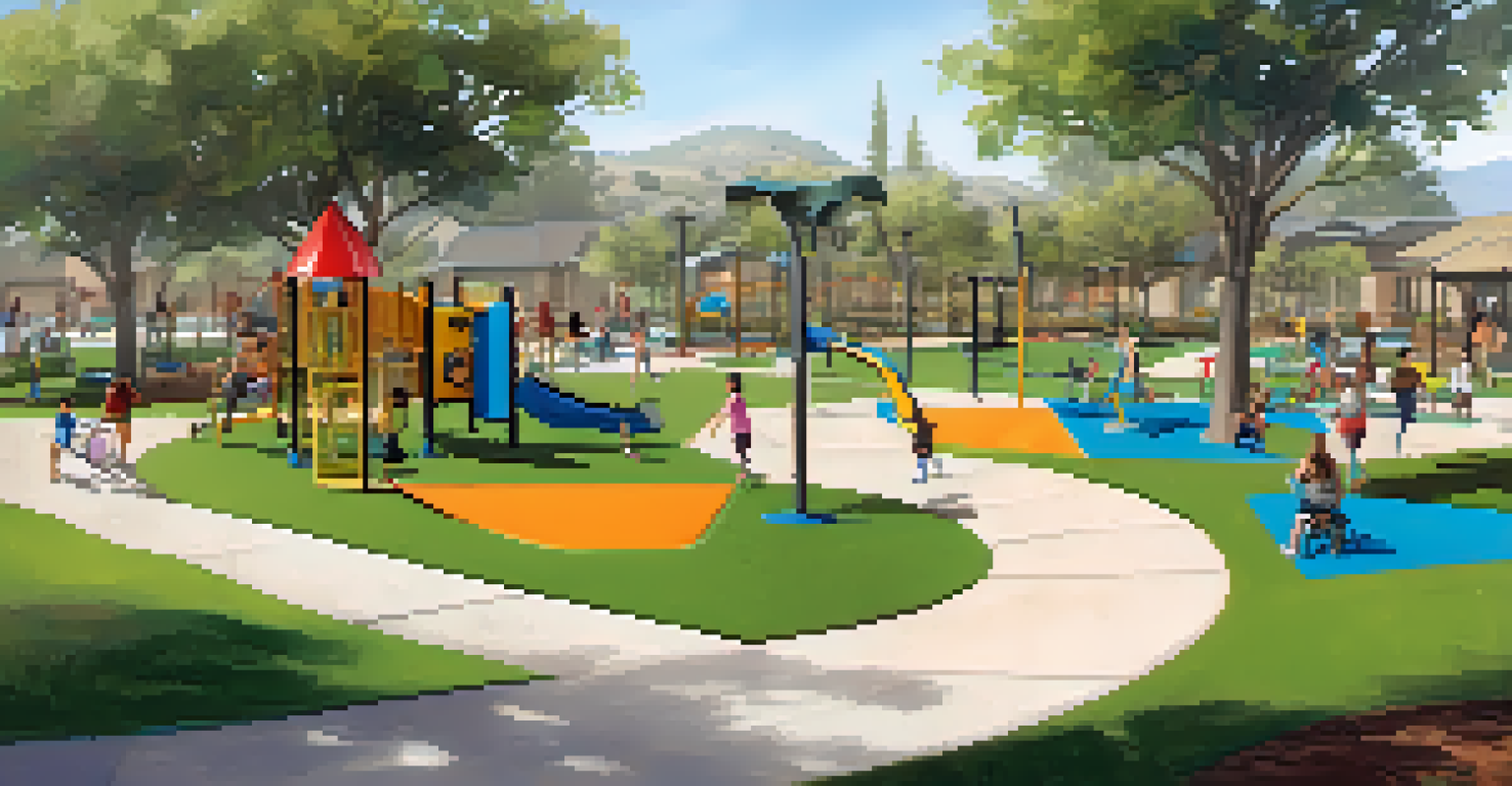 A modern park scene in Carlsbad with fitness stations, children playing, and eco-friendly design elements.