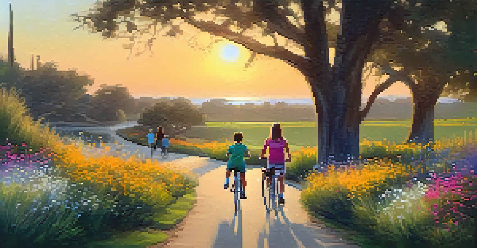 A peaceful walking and biking trail with wildflowers and trees, a family strolling and a cyclist riding, illuminated by a sunset glow.