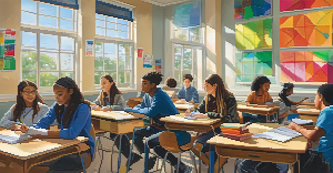 A diverse group of high school students participating in a college readiness workshop in a bright classroom with inspirational posters.