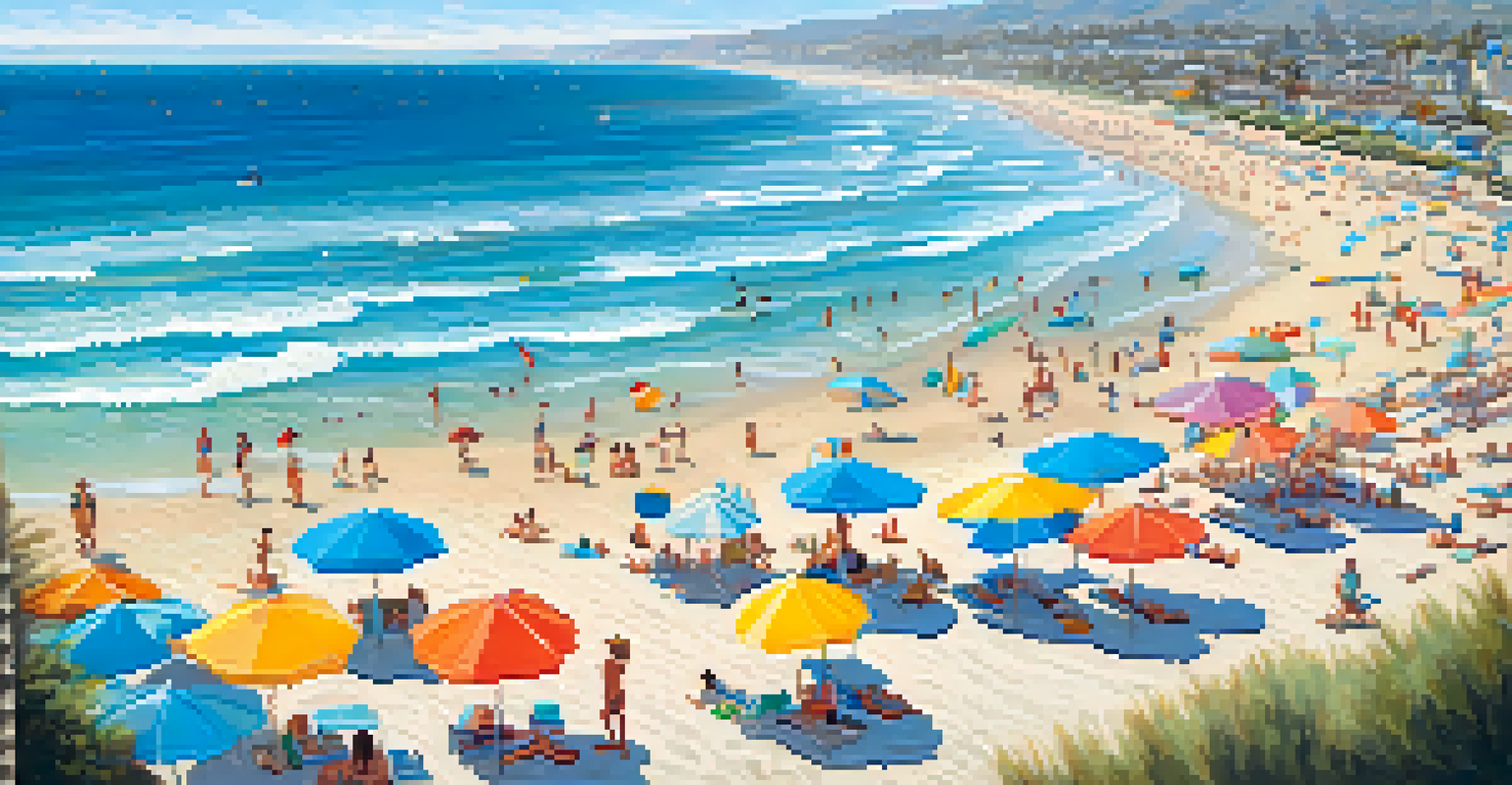 A beautiful aerial view of Carlsbad's coastline with people enjoying the beach on a sunny day.