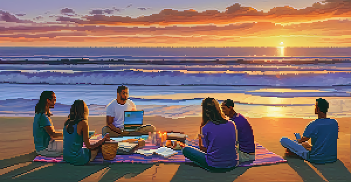 A group of diverse entrepreneurs discussing ideas with a laptop on a picnic blanket by the Carlsbad coastline during sunset.