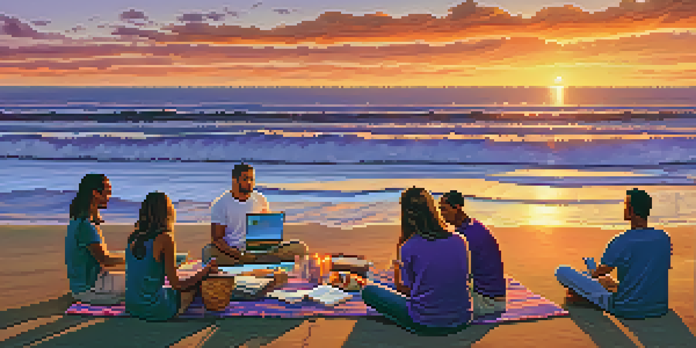 A group of diverse entrepreneurs discussing ideas with a laptop on a picnic blanket by the Carlsbad coastline during sunset.