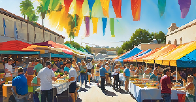A lively food festival in Carlsbad with colorful food stalls, families sampling dishes, and chefs preparing food under a sunny sky.