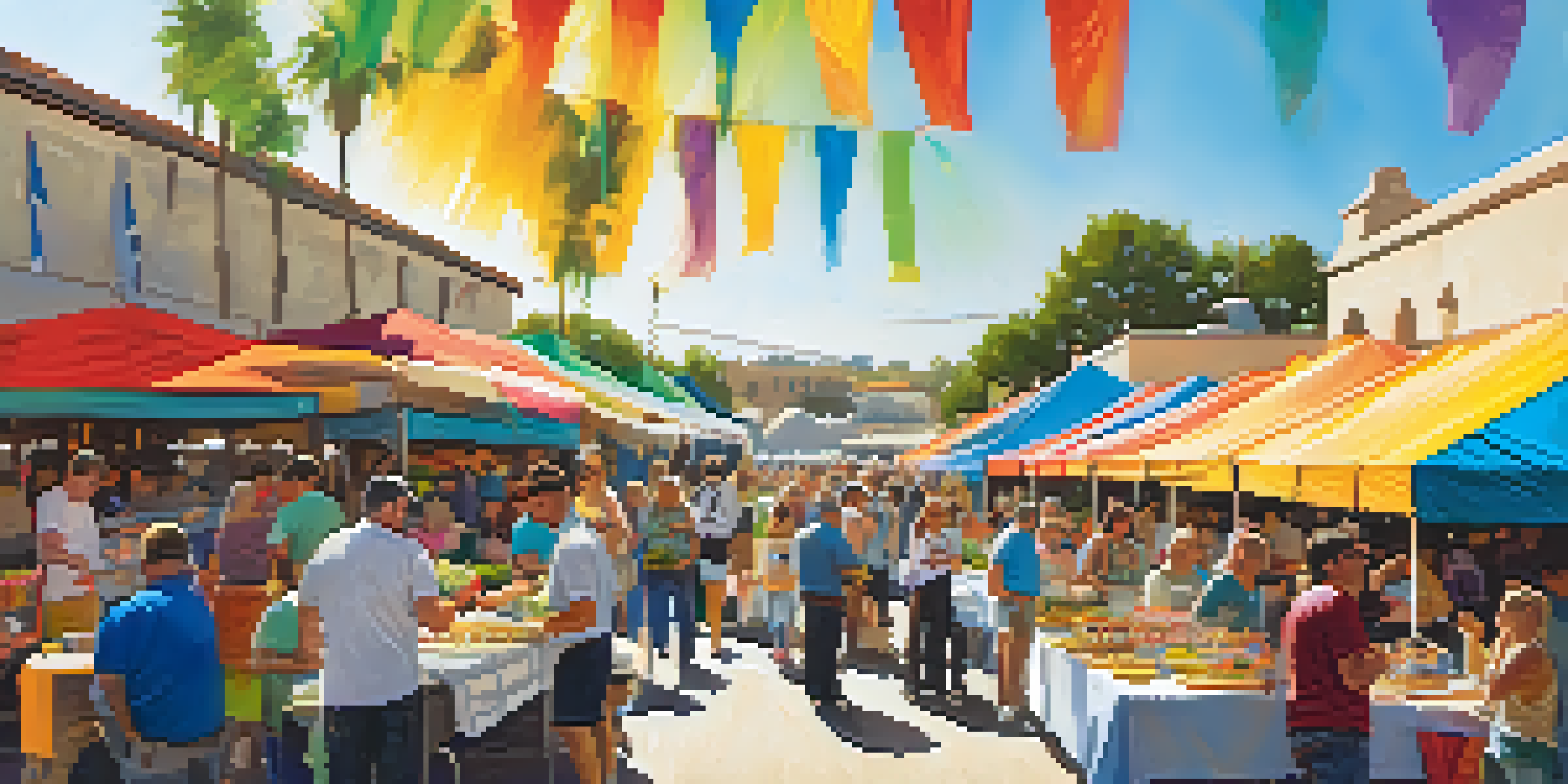 A lively food festival in Carlsbad with colorful food stalls, families sampling dishes, and chefs preparing food under a sunny sky.