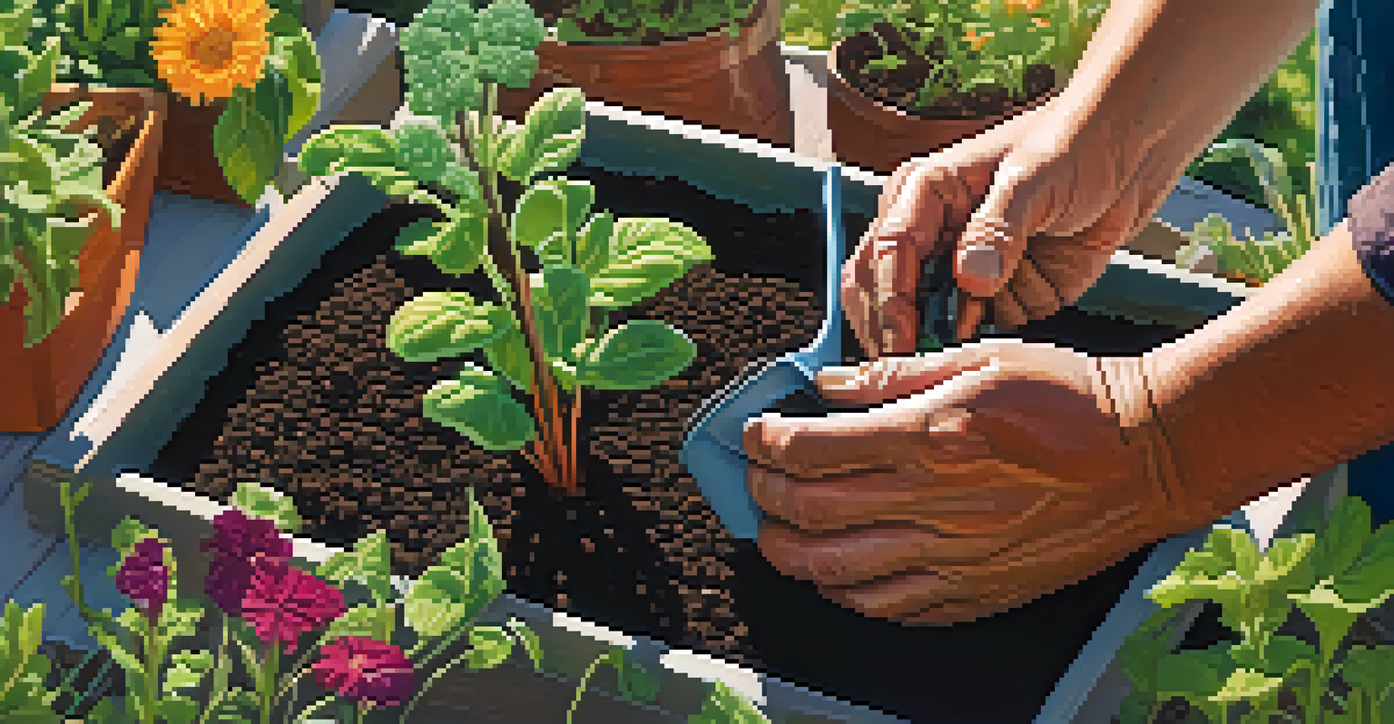 Close-up of a gardener's hands planting seeds in dark soil surrounded by green plants and colorful flowers, with sunlight highlighting the textures.