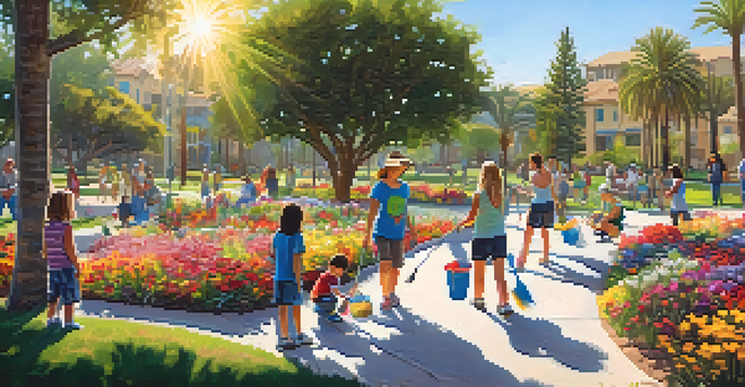 Families working together to clean up a park in Carlsbad on a sunny day, with children and adults engaged in volunteer activities among green trees and colorful flowers.