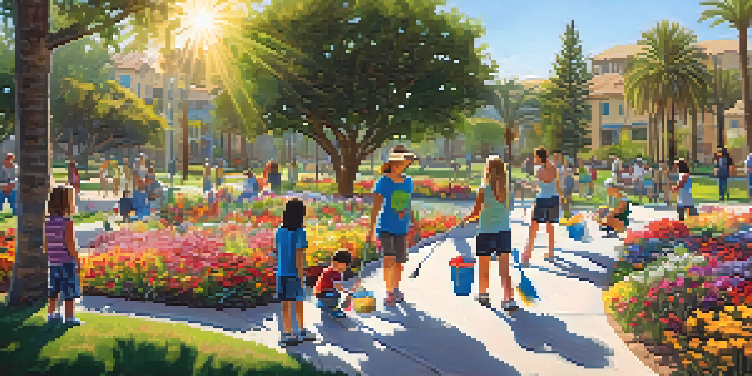 Families working together to clean up a park in Carlsbad on a sunny day, with children and adults engaged in volunteer activities among green trees and colorful flowers.