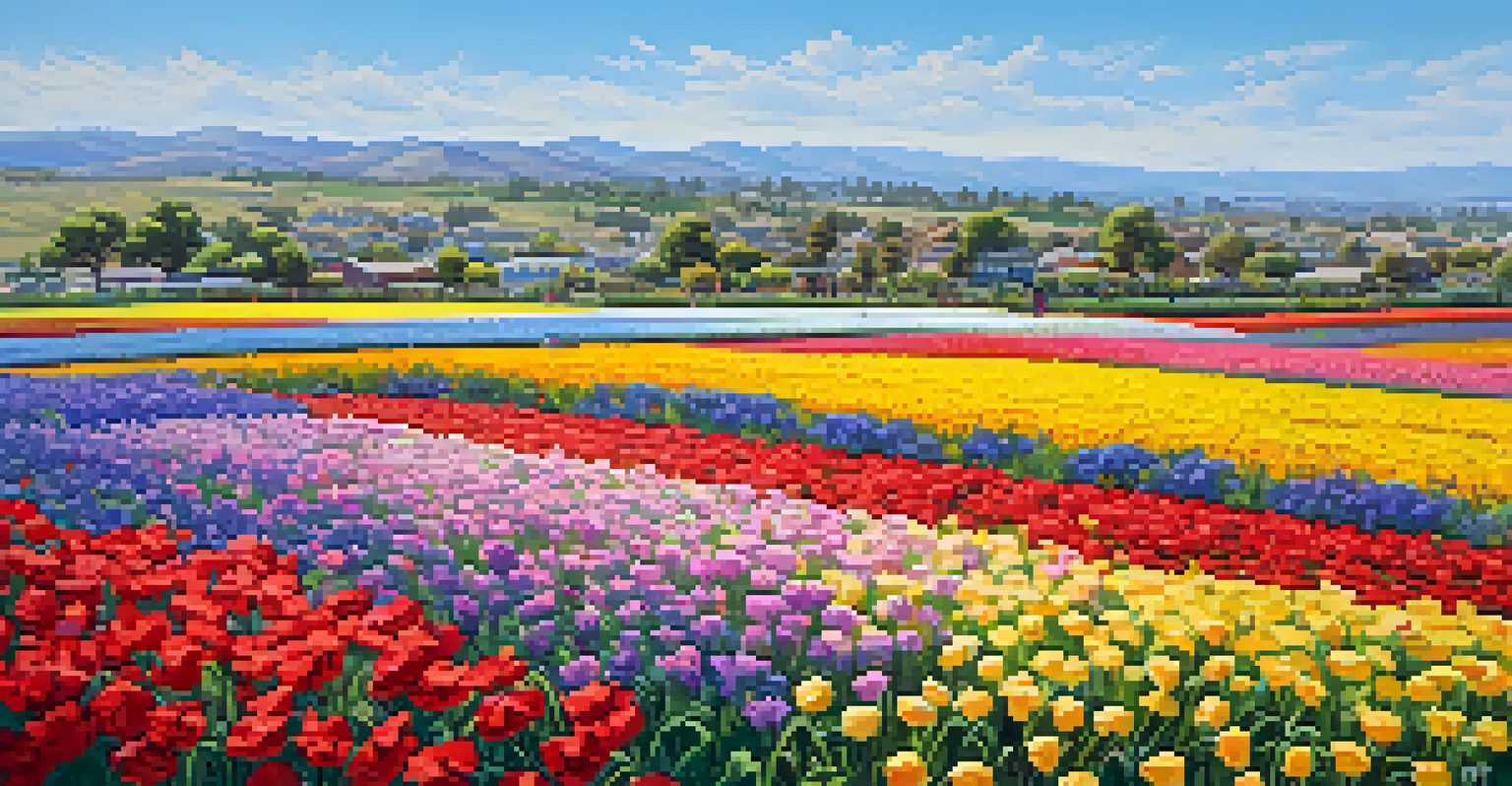 Colorful flower fields in Carlsbad during spring, with visitors enjoying the vibrant blooms under a clear blue sky.