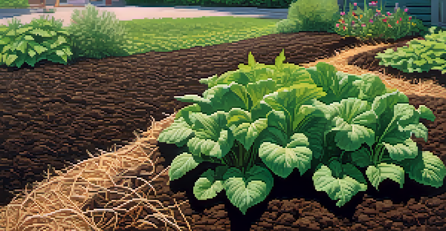 Close-up of a vegetable garden bed with straw mulch and healthy plants.