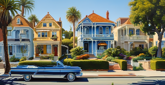 A scenic view of a historic neighborhood in Carlsbad, showcasing Victorian houses and colorful gardens under a blue sky.