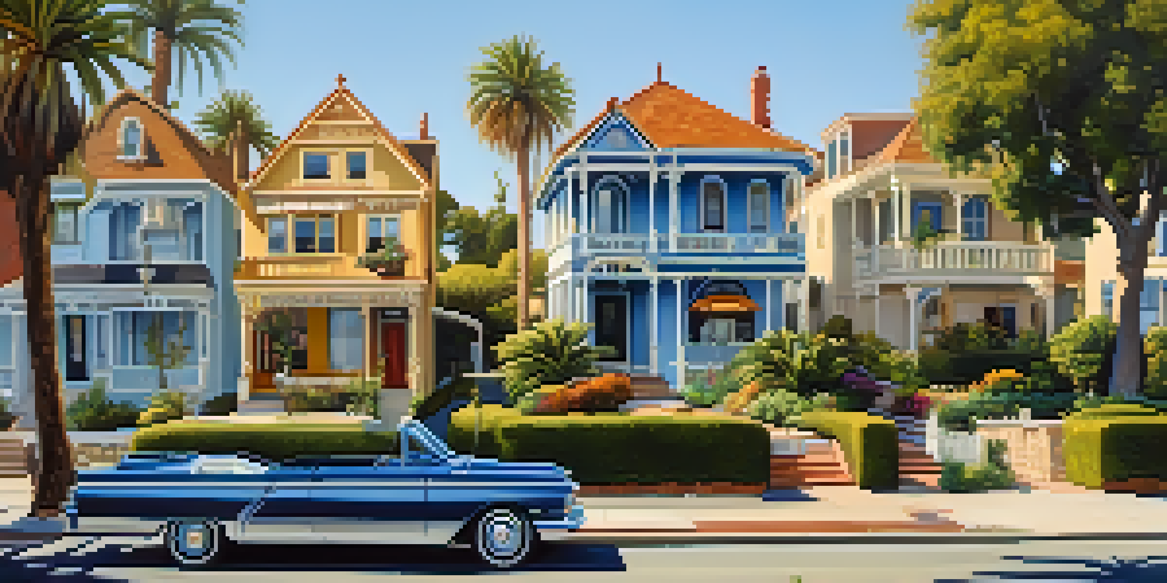 A scenic view of a historic neighborhood in Carlsbad, showcasing Victorian houses and colorful gardens under a blue sky.