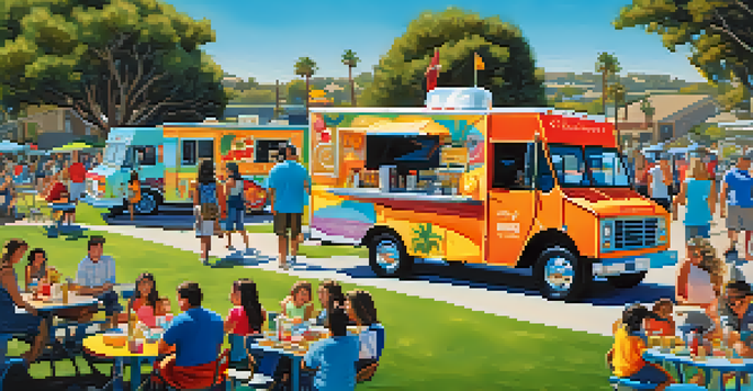 A lively food truck event in a park with families and colorful trucks offering diverse food options.