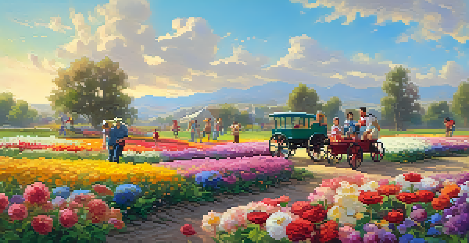 A family with children playing in the Flower Fields, surrounded by colorful flowers and a wagon ride in the background.