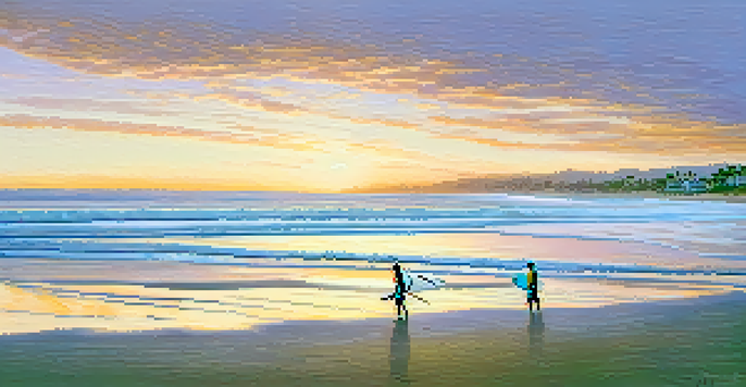 A peaceful beach at sunrise with surfers riding waves, colorful sky, and palm trees in the background.