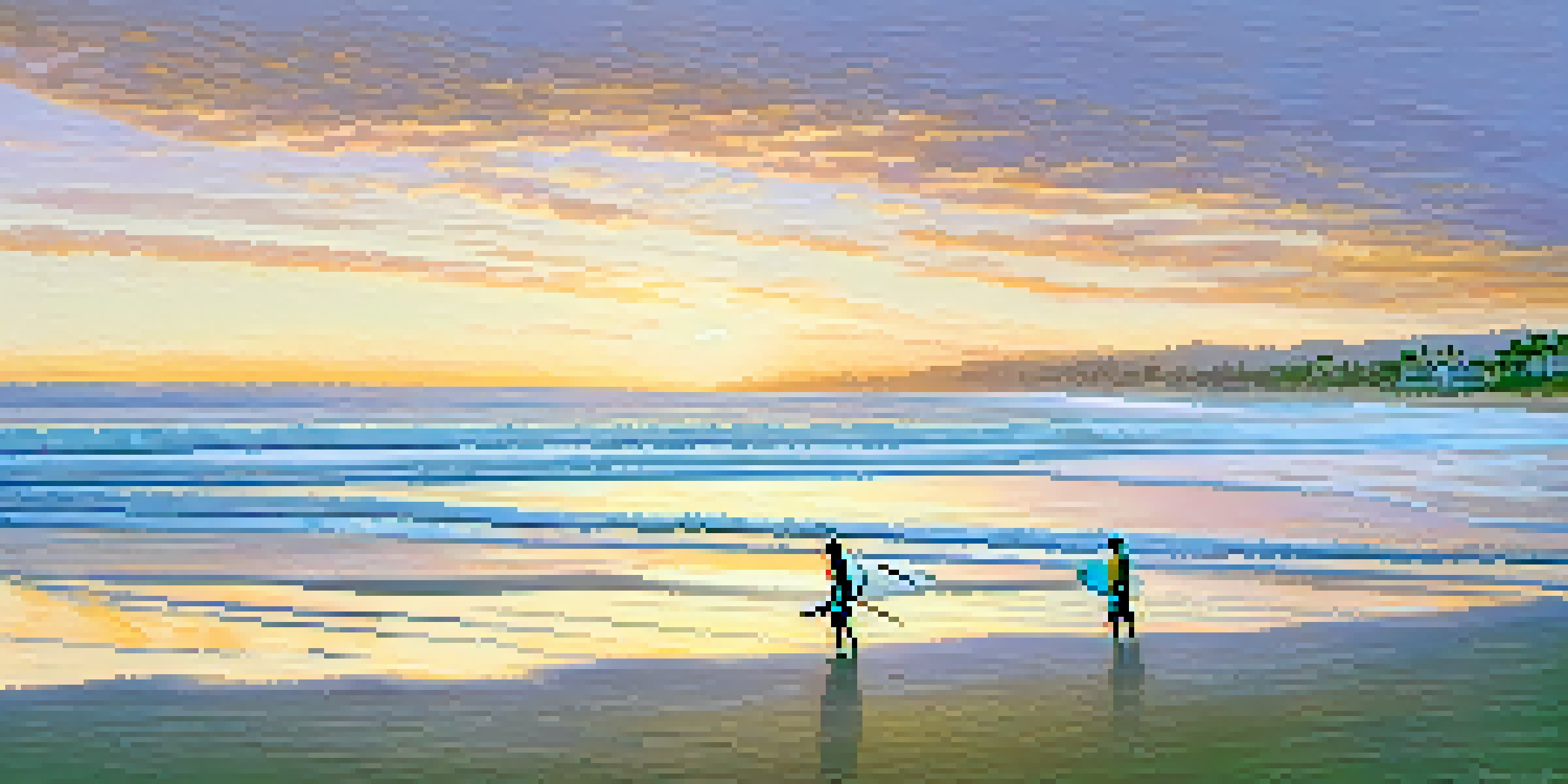 A peaceful beach at sunrise with surfers riding waves, colorful sky, and palm trees in the background.