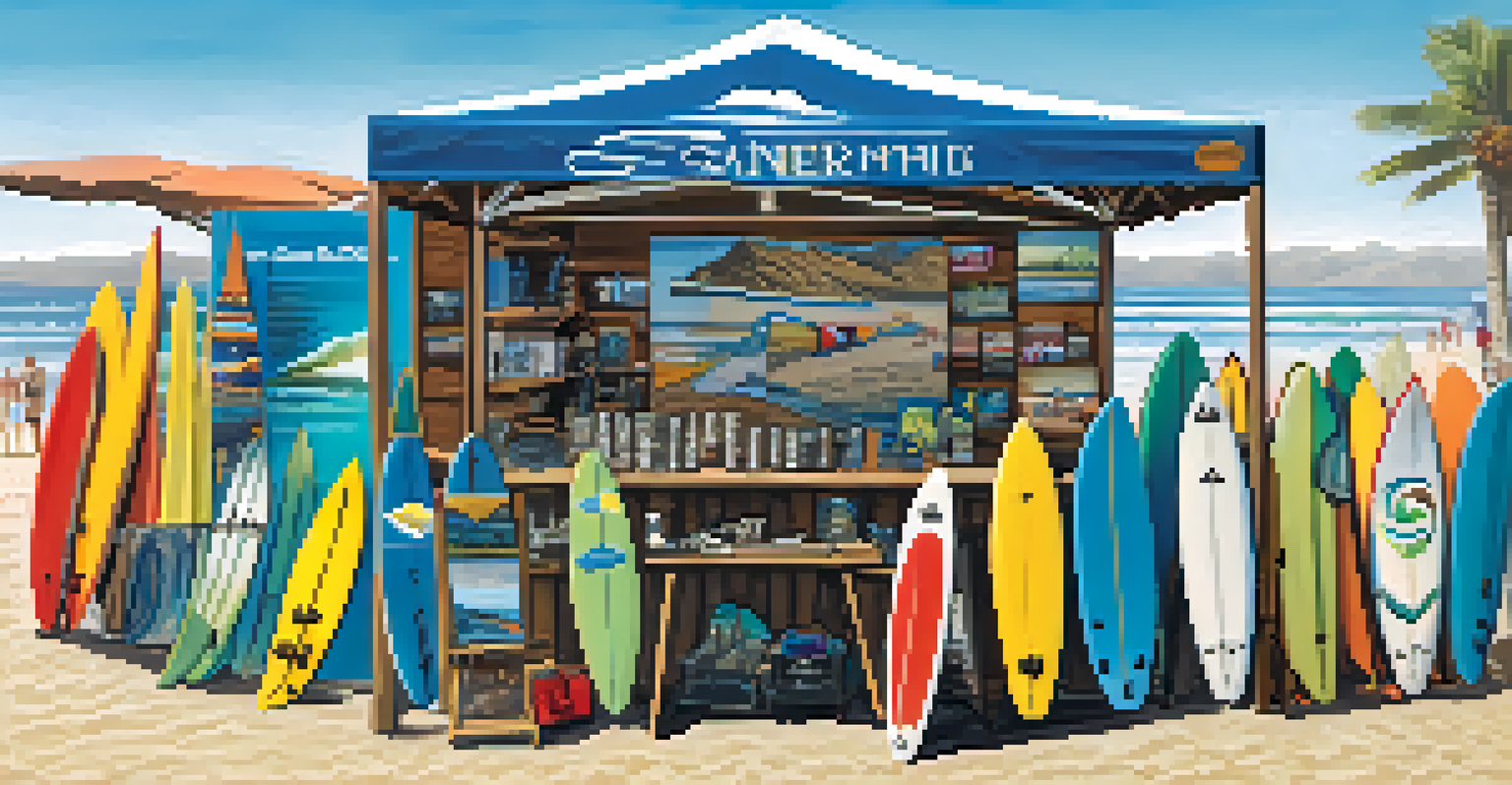 A close-up of a local surf shop booth at a surf event, displaying surfboards and gear, with banners promoting environmental initiatives and the beach in the background.