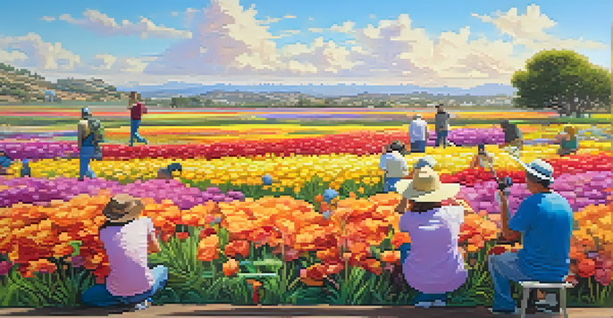 A colorful mural of the Carlsbad Flower Fields with people taking photos in front of it under a clear blue sky.