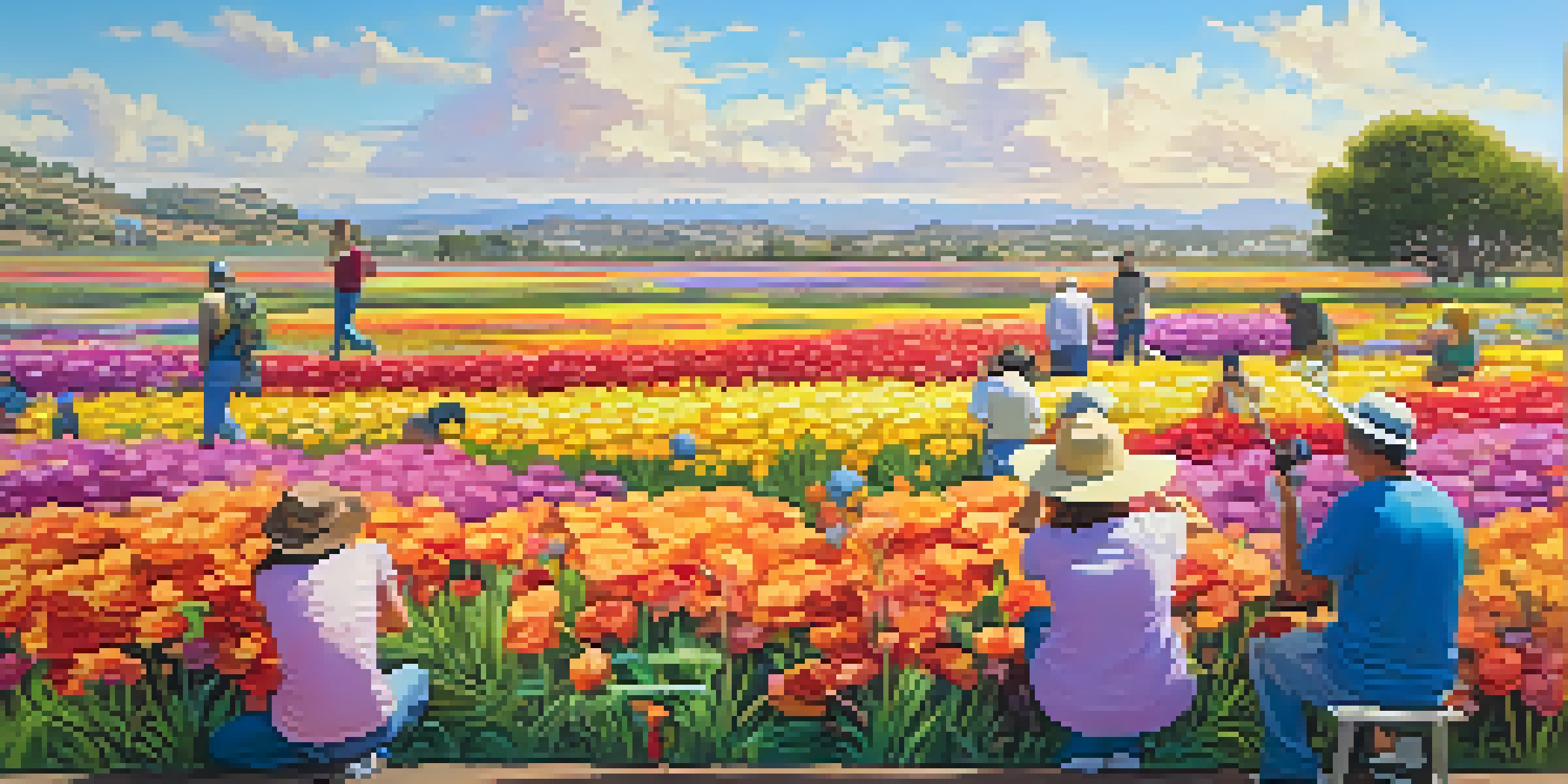 A colorful mural of the Carlsbad Flower Fields with people taking photos in front of it under a clear blue sky.
