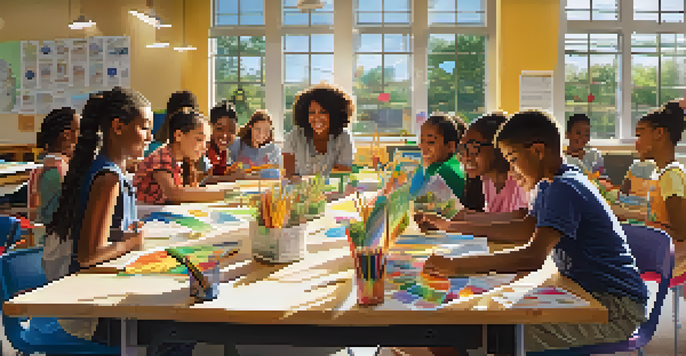 A lively classroom with diverse students collaborating on a community garden project, surrounded by educational materials and bright sunlight.