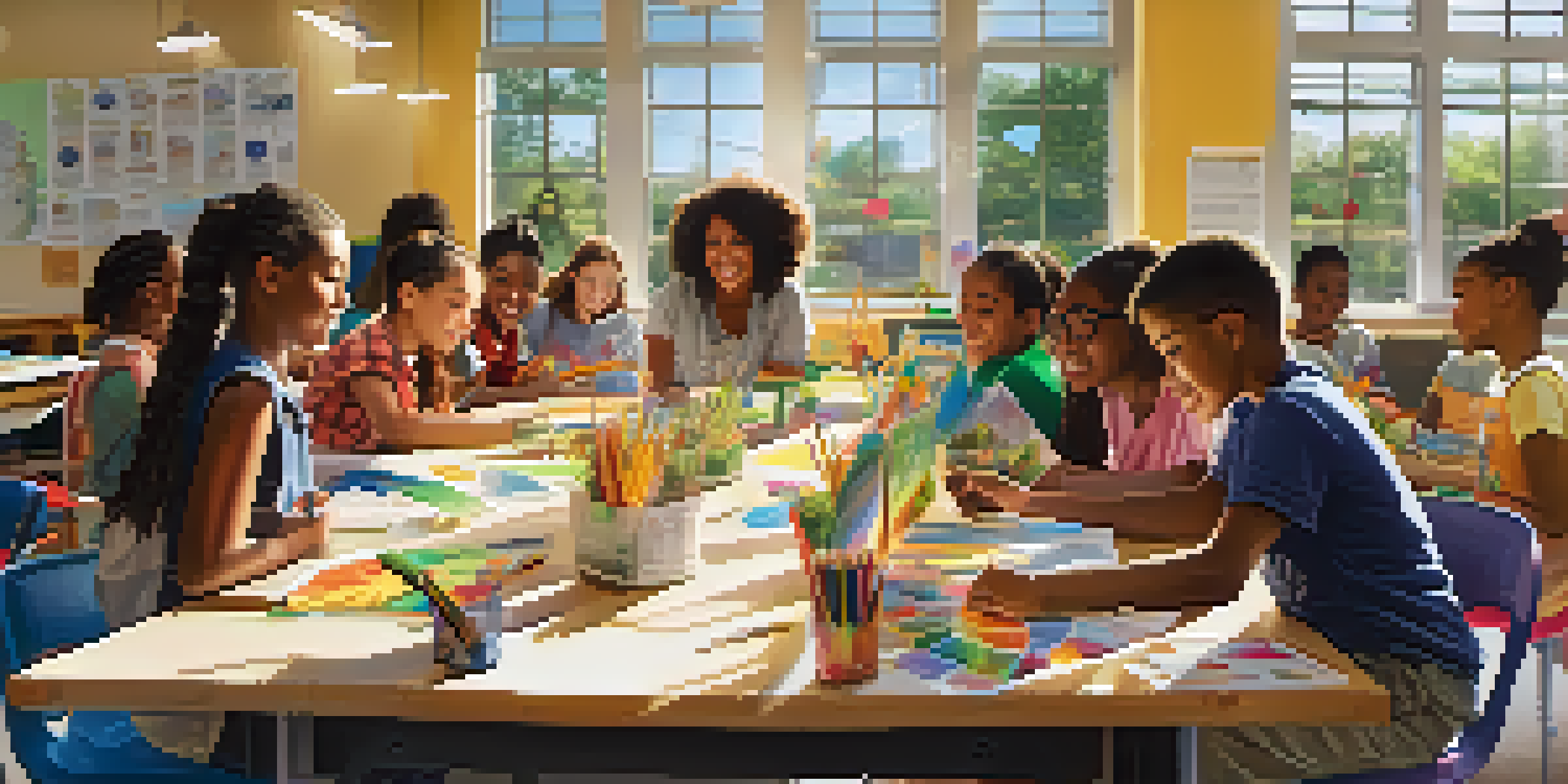 A lively classroom with diverse students collaborating on a community garden project, surrounded by educational materials and bright sunlight.