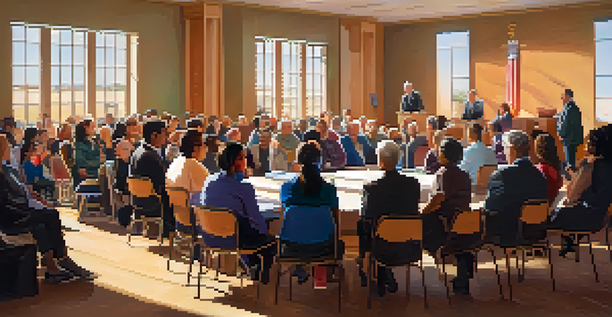 A town hall meeting in Carlsbad, showing local leaders engaging with community members in a well-lit room filled with diverse attendees.
