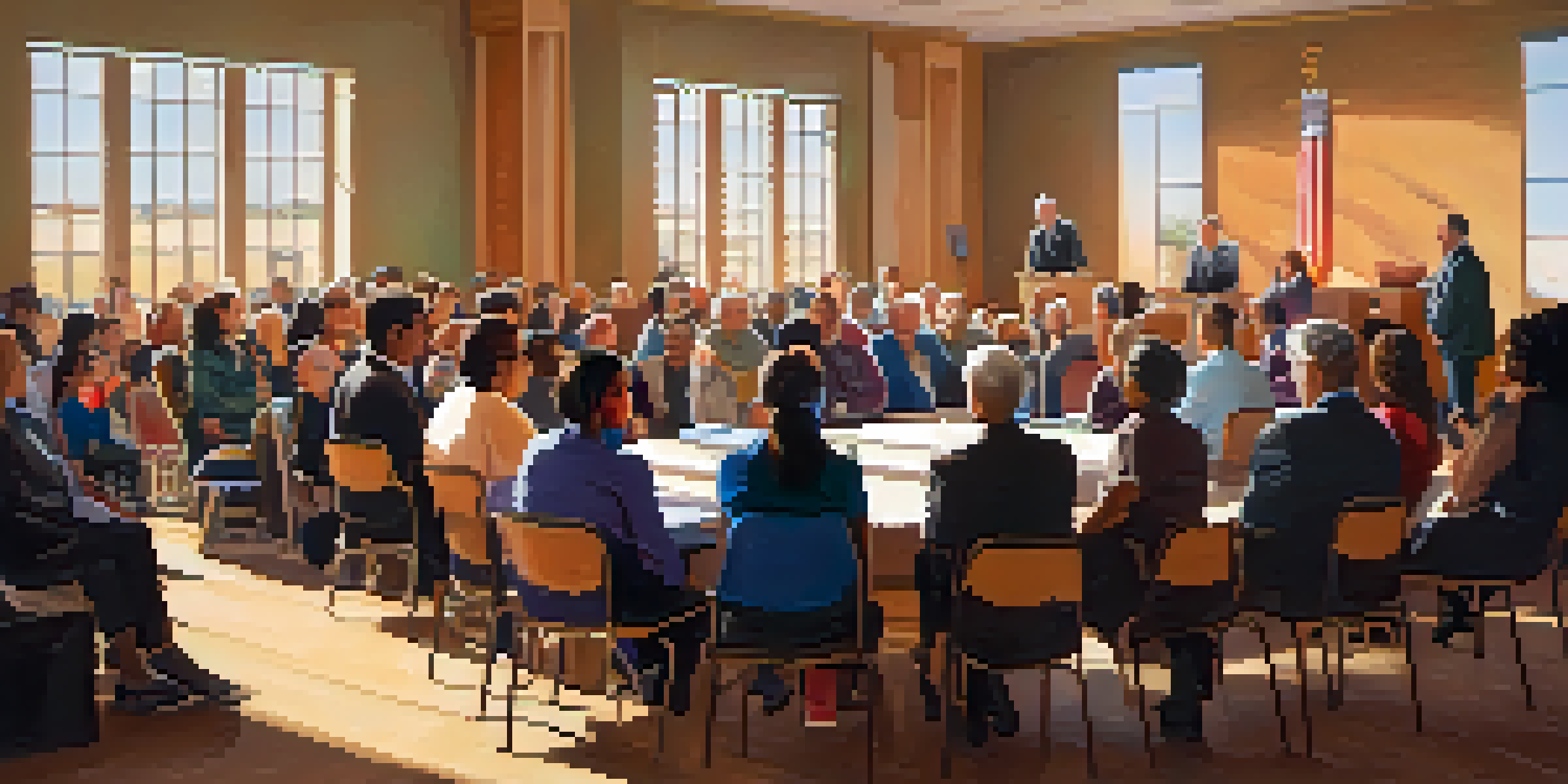 A town hall meeting in Carlsbad, showing local leaders engaging with community members in a well-lit room filled with diverse attendees.