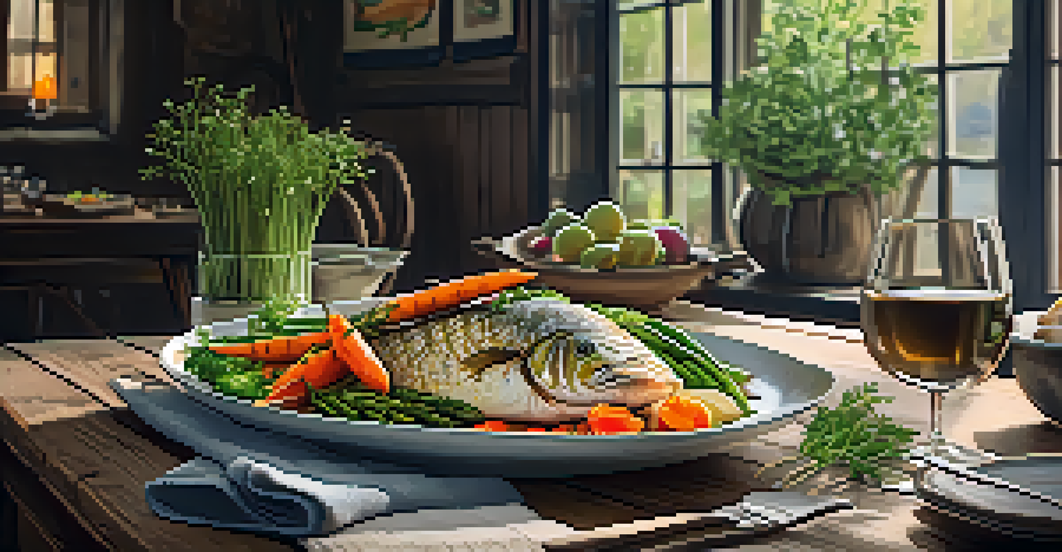 An elegantly plated farm-to-table dish with grilled fish and seasonal vegetables on a rustic wooden table.