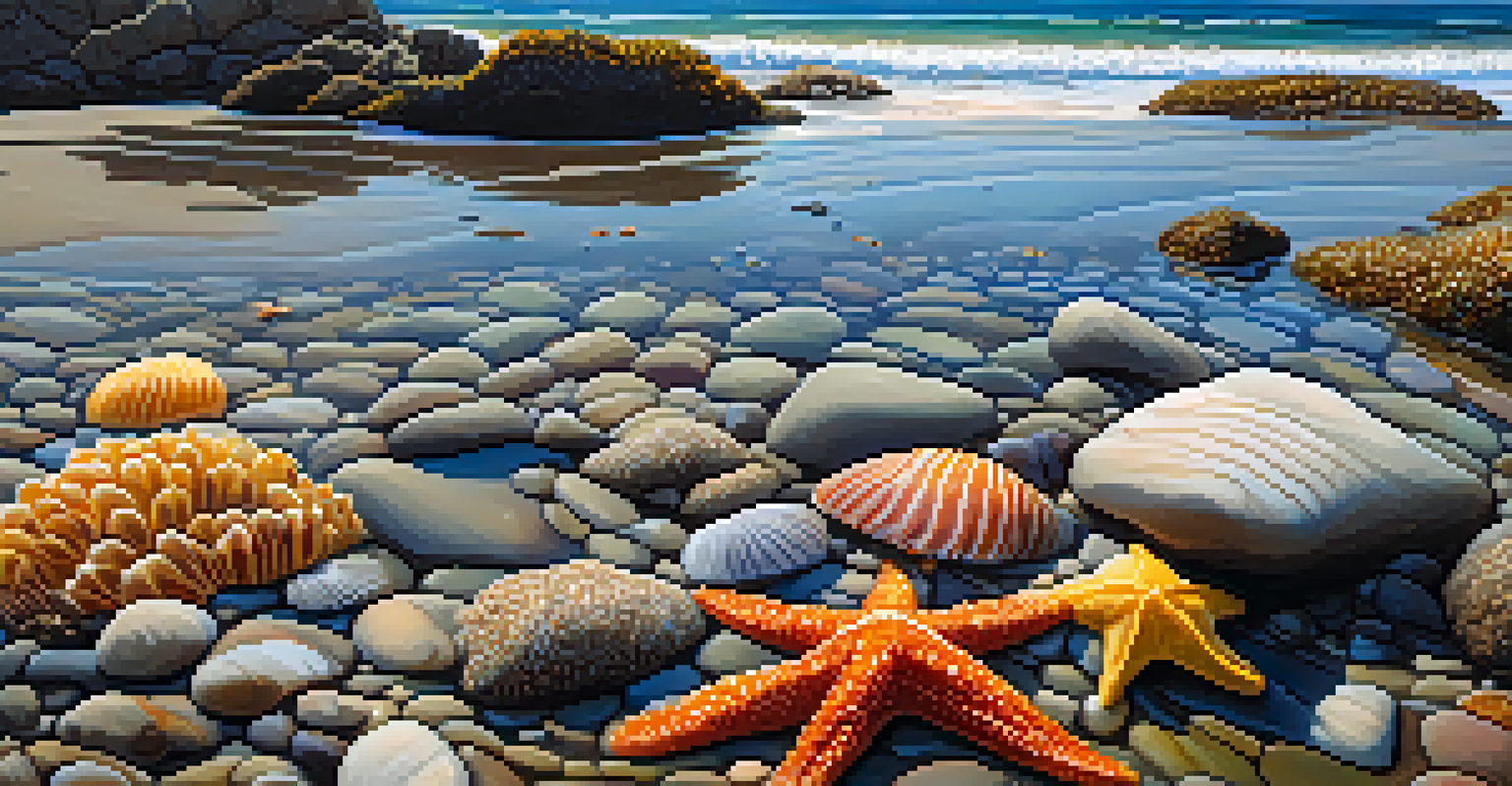 A close-up of tide pools at South Carlsbad State Beach showcasing starfish and anemones under the glistening sun.