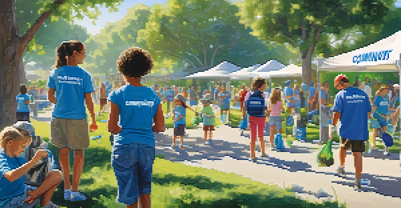 A community service event in Carlsbad with diverse participants cleaning up a park, surrounded by greenery and a blue sky, promoting community involvement.