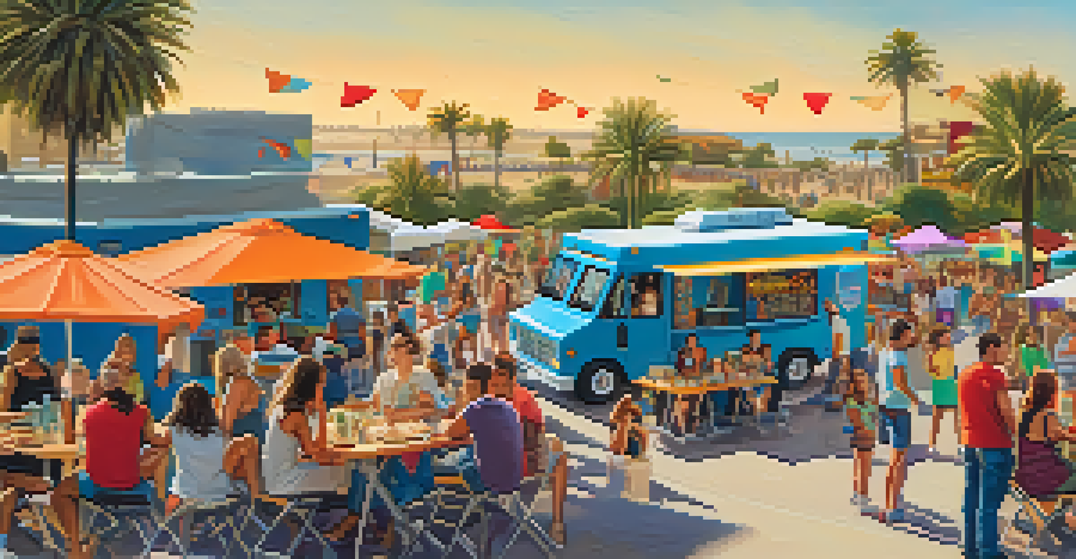 A colorful food truck festival with multiple trucks serving diverse cuisines, people enjoying meals, and a festive atmosphere under the sun.