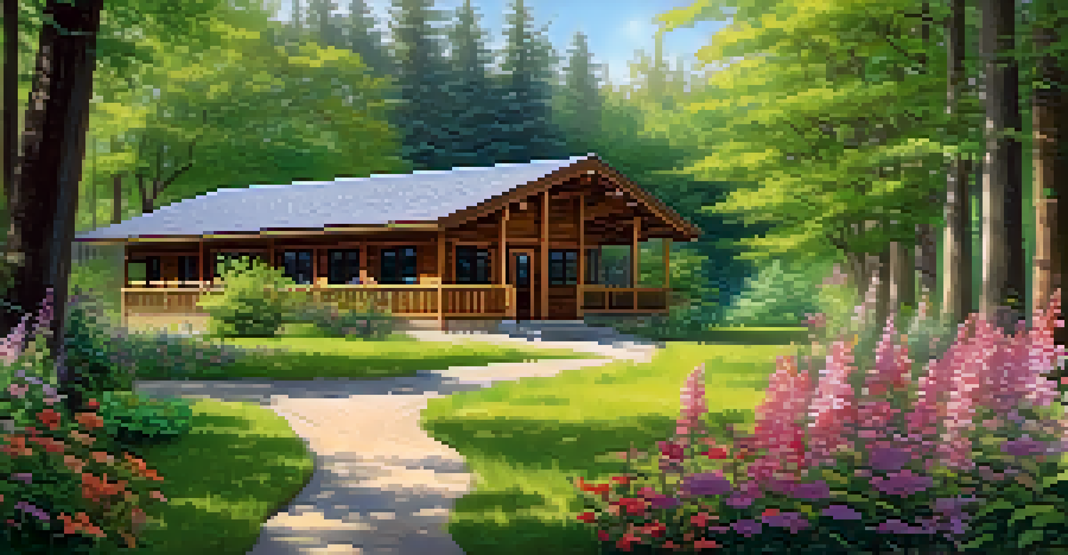 A mindfulness retreat center surrounded by greenery, with participants walking along a nature path.