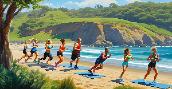 A diverse group of people doing outdoor exercises on the beach with the ocean in the background, showcasing a lively and supportive boot camp atmosphere.