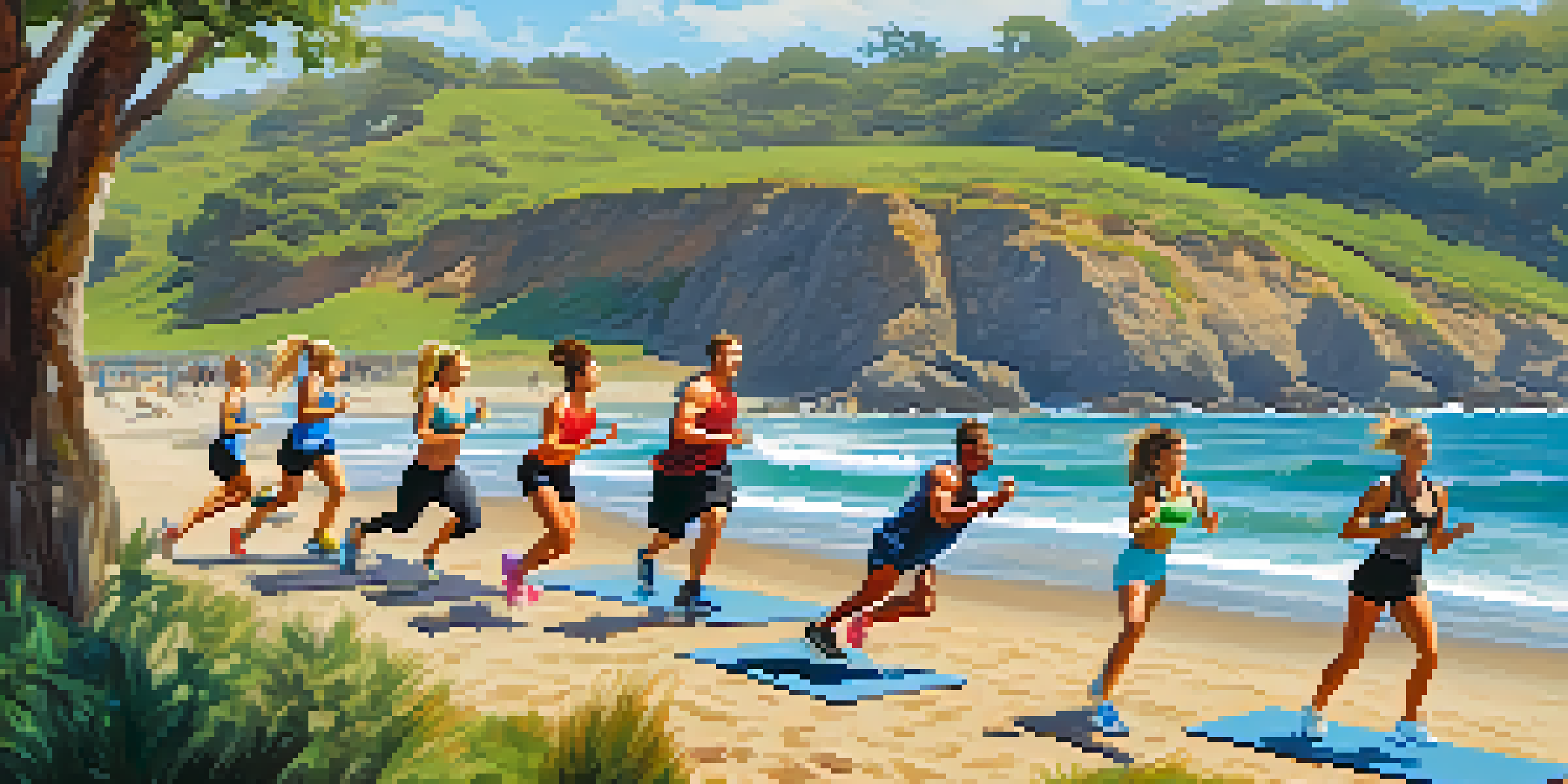 A diverse group of people doing outdoor exercises on the beach with the ocean in the background, showcasing a lively and supportive boot camp atmosphere.