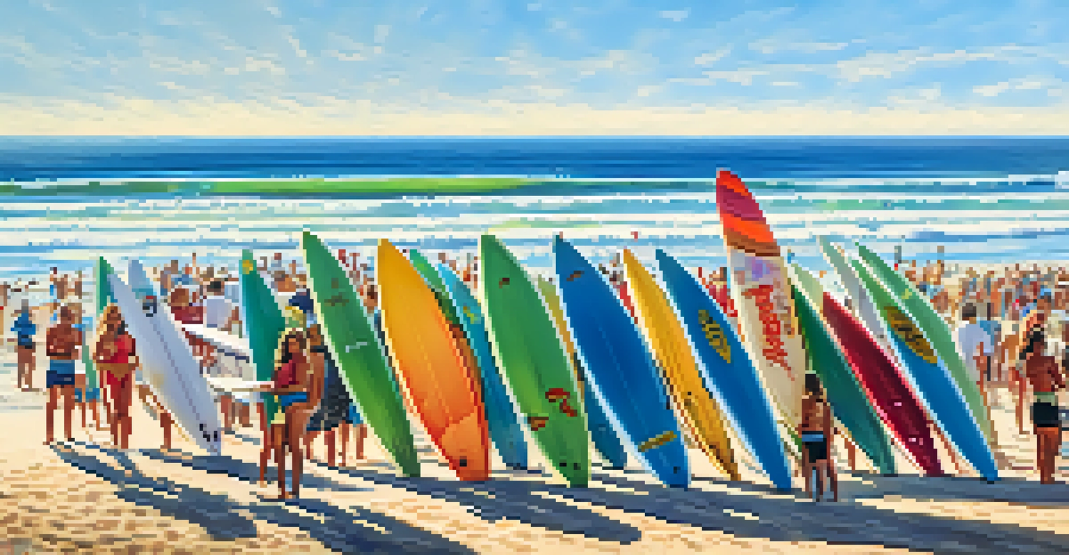 A vibrant surf competition in Carlsbad, with surfers in action and spectators on the beach.