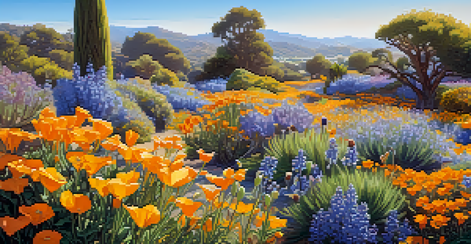 A colorful garden filled with native California plants like California Lilac, Sticky Monkey Flower, and California Poppies, with bees and butterflies flying around under a clear blue sky.