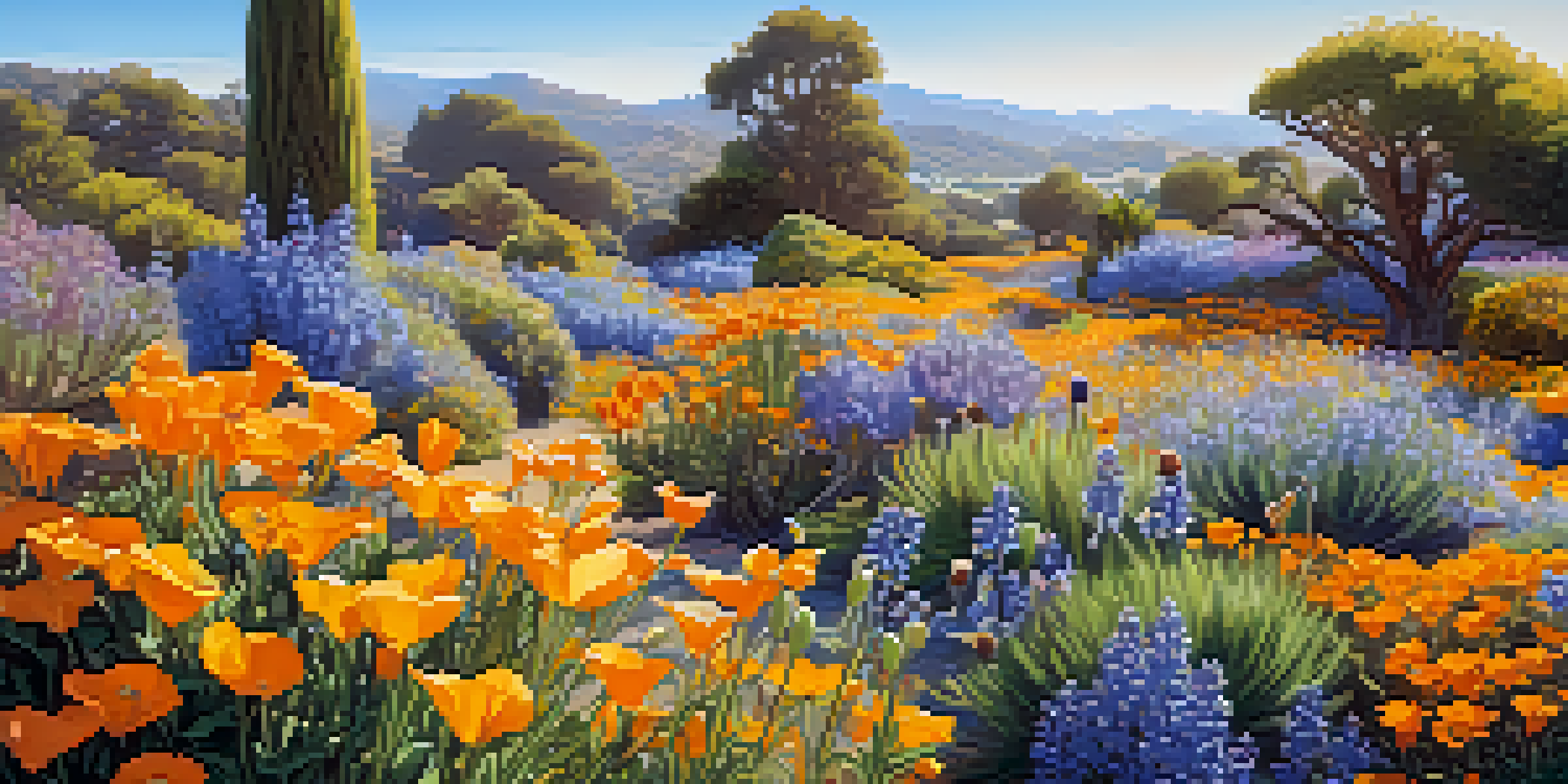 A colorful garden filled with native California plants like California Lilac, Sticky Monkey Flower, and California Poppies, with bees and butterflies flying around under a clear blue sky.