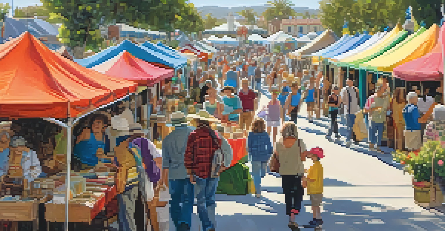 A lively arts and crafts festival in Carlsbad with local artists and visitors among colorful tents and historical buildings.