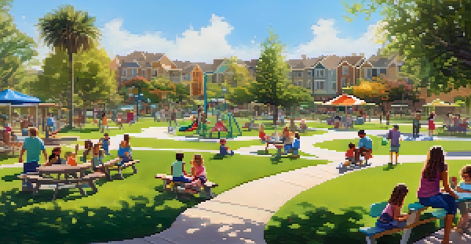 A lively park scene in Carlsbad with families having fun, surrounded by greenery and flowers under a bright sun.